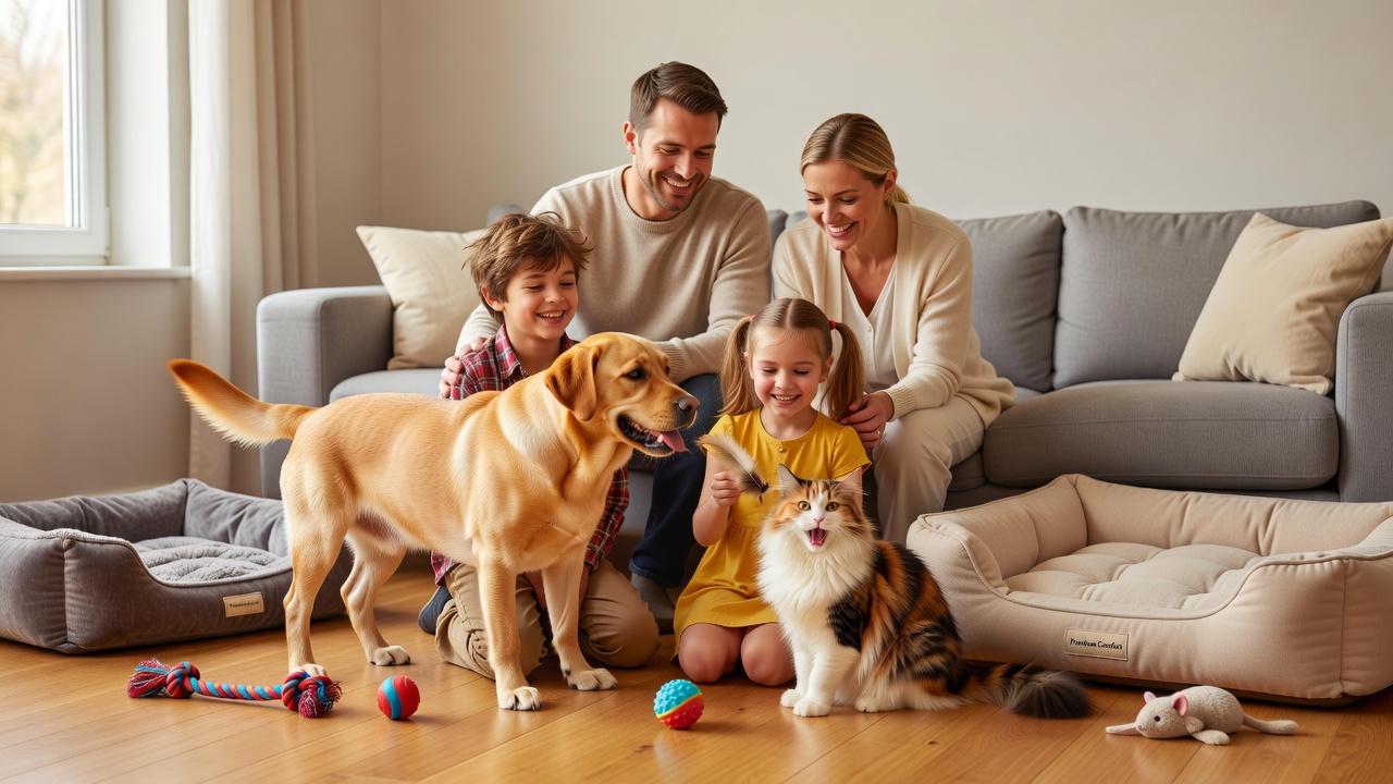 Happy family with their dog and cat